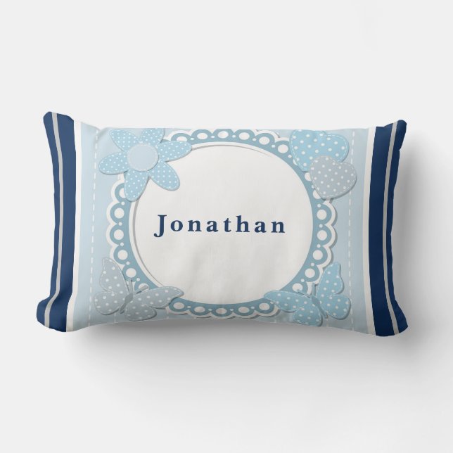 Personalize Baby Boy Blue Butterflies Flower Heart Lumbar Pillow (Front)