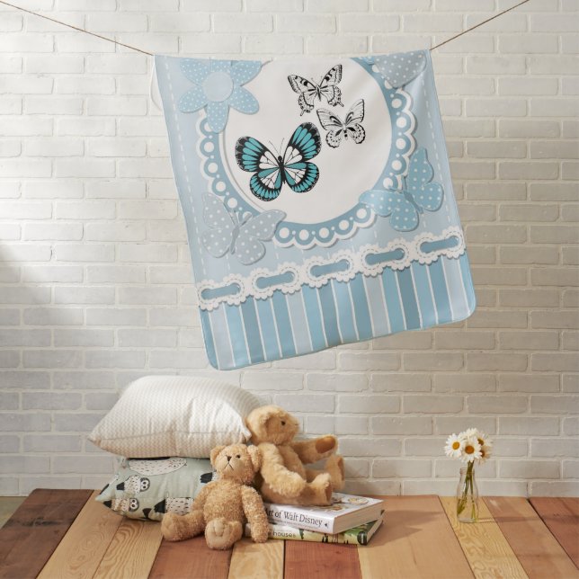 Personalize Baby Boy Blue Butterflies Stripe Dots Baby Blanket (In Situ)