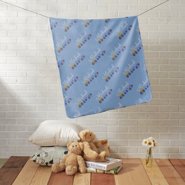 Personalize Baby Boy Name Truck Soft Blue Blanket (In Situ)