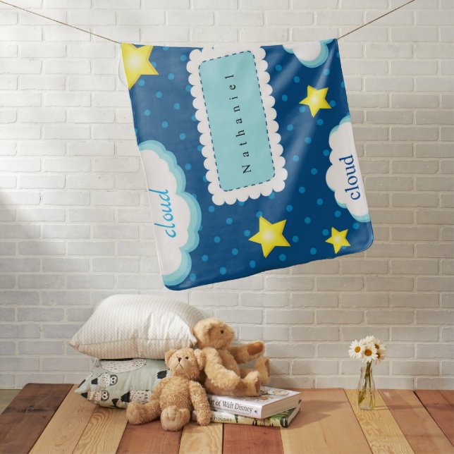 Personalize Baby Boy Night Sky Stars Cloud Blue  Baby Blanket (In Situ)