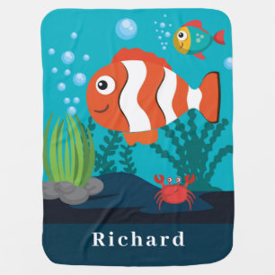 Personalize Baby Boy Sealife Pattern Fish Seaweed Blanket