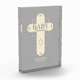 Personalize, Baby Dedication Cream & Gray Cross Acrylic Award