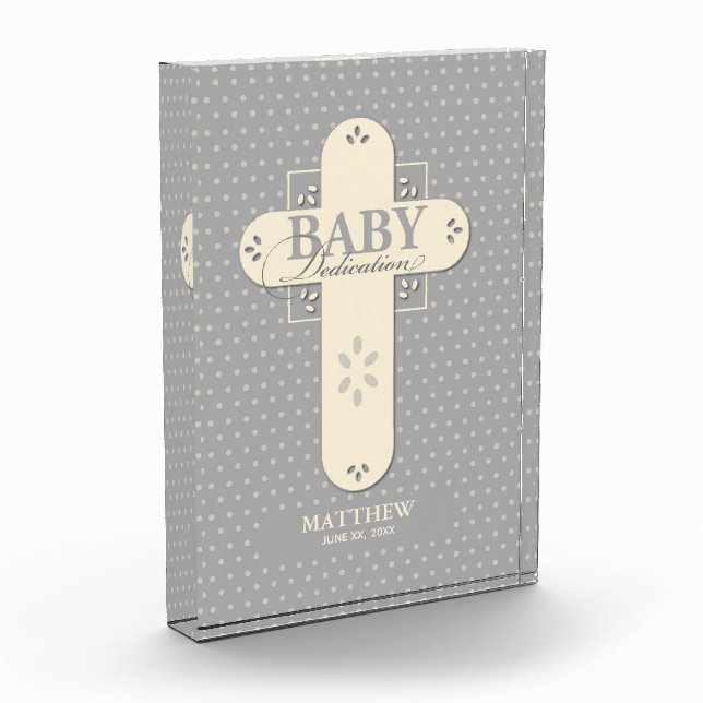Personalize, Baby Dedication Cream & Gray Cross Acrylic Award (Left)