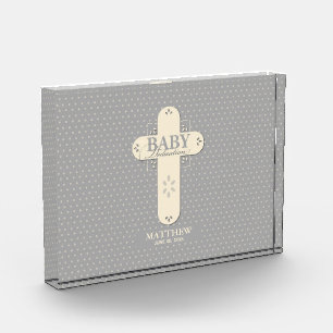 Personalize, Baby Dedication Cream & Gray Cross Acrylic Award