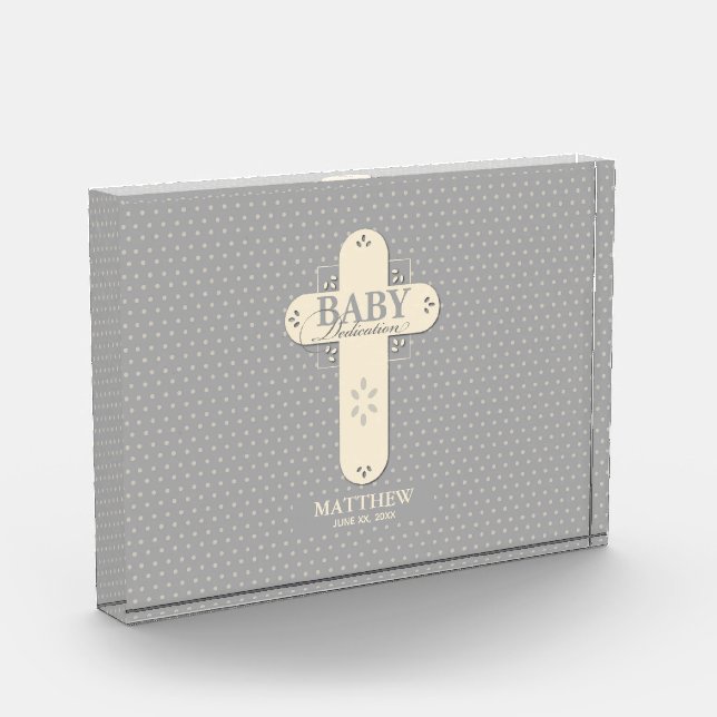 Personalize, Baby Dedication Cream & Gray Cross Acrylic Award (Left)