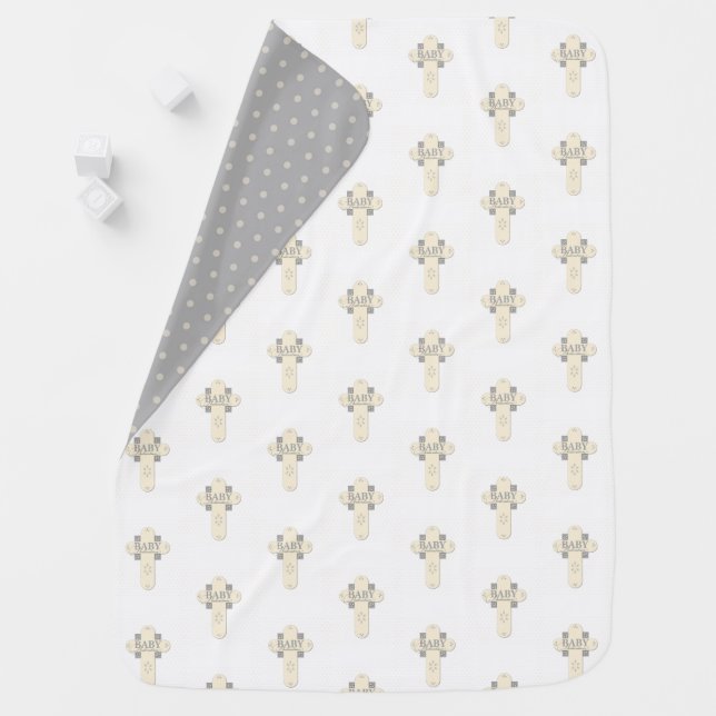 Personalize, Baby Dedication Cream & Gray Cross Baby Blanket (In Situ)