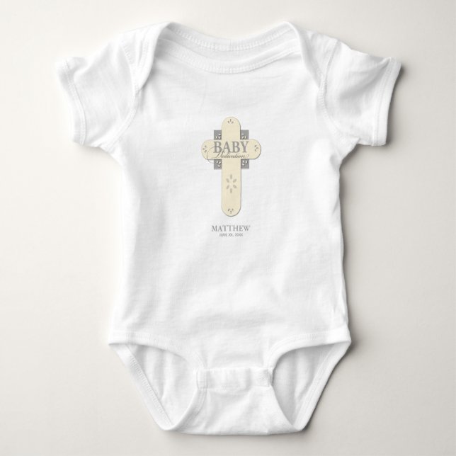 Personalize, Baby Dedication Cream & Gray Cross Baby Bodysuit (Front)