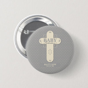 Personalize, Baby Dedication Cream & Gray Cross Button