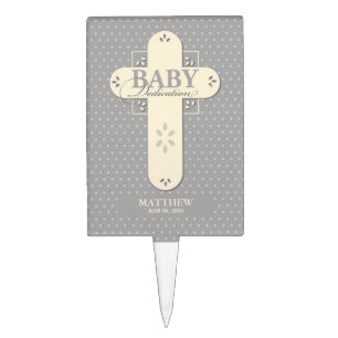 Personalize, Baby Dedication Cream & Gray Cross Cake Topper