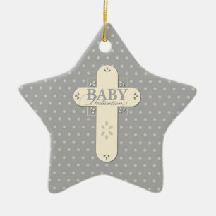 Personalize, Baby Dedication Cream & Gray Cross Ceramic Ornament