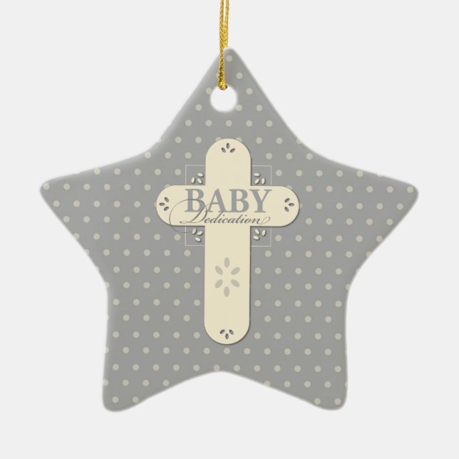 Personalize, Baby Dedication Cream & Gray Cross Ceramic Ornament (Front)