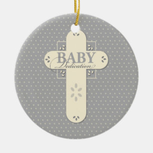 Personalize, Baby Dedication Cream & Gray Cross Ceramic Ornament