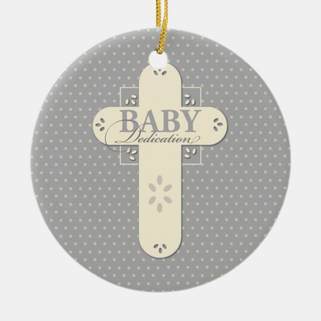 Personalize, Baby Dedication Cream & Gray Cross Ceramic Ornament (Front)