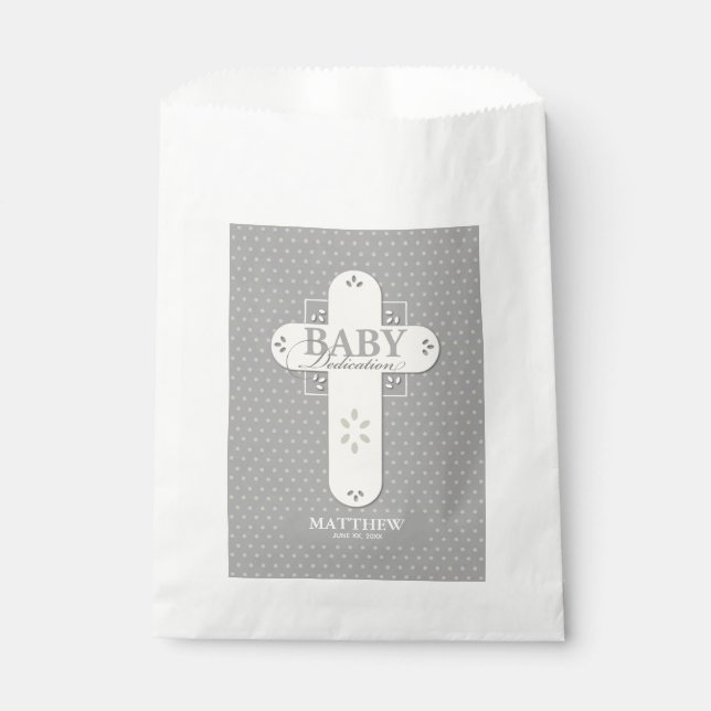 Personalize, Baby Dedication Cream & Gray Cross Favor Bag (Front)