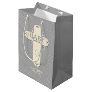 Personalize, Baby Dedication Cream & Gray Cross Medium Gift Bag