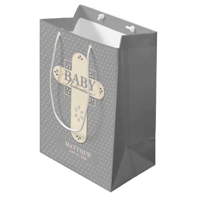 Personalize, Baby Dedication Cream & Gray Cross Medium Gift Bag (Front Angled)
