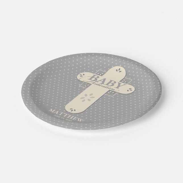 Personalize, Baby Dedication Cream & Gray Cross Paper Plates (Angled)