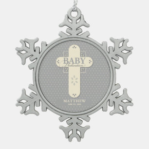 Personalize, Baby Dedication Cream & Gray Cross Snowflake Pewter Christmas Ornament