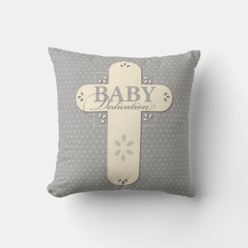 Personalize Baby Dedication Cream  Gray Cross Throw Pillow