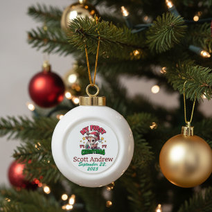 Personalize  Baby First Christmas Brown Santa Deer Ceramic Ball Christmas Ornament