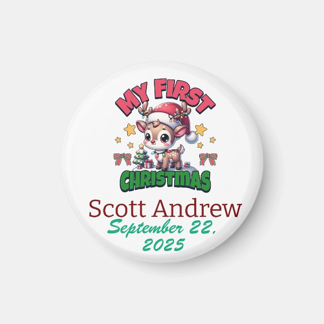 Personalize  Baby First Christmas Brown Santa Deer Magnet (Front)