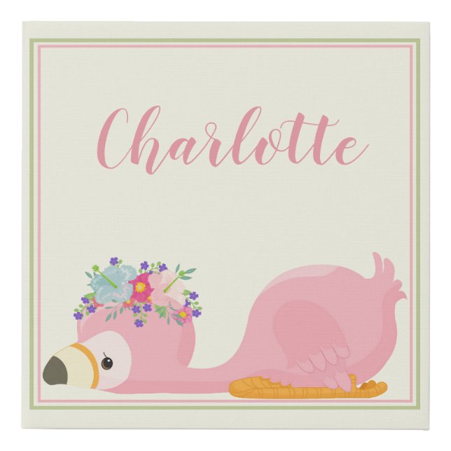 Personalize Baby Flamingo Nursery Watercolor 10x10 Faux Canvas Print (Front)
