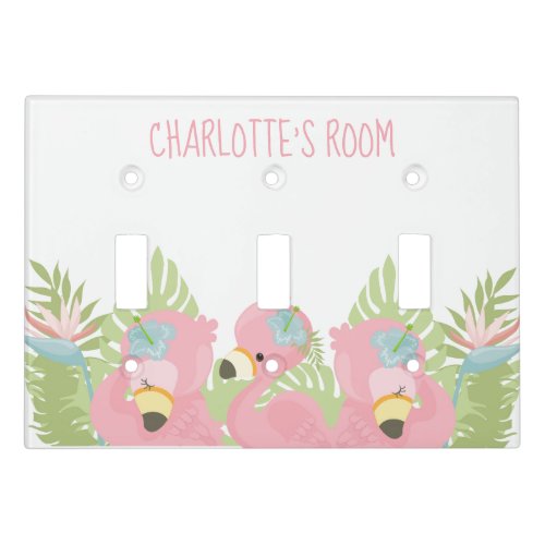 Personalize Baby Flamingos Palm Fronds Hibiscus Light Switch Cover