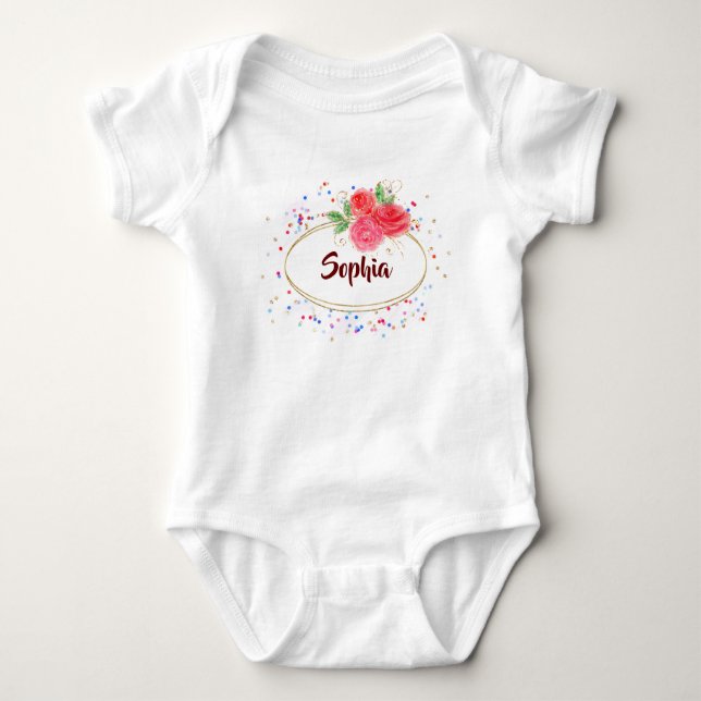 Personalize Baby girl Bodysuits, glitter rose name Bodysuit (Front)