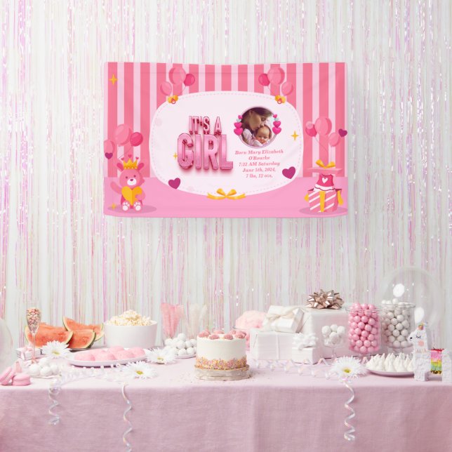 Personalize Baby Girl Gender Reveal Text and Photo Banner (Party)