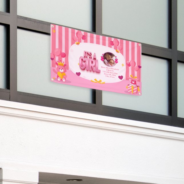Personalize Baby Girl Gender Reveal Text and Photo Banner (Outside Building)