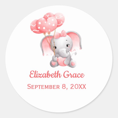 Personalize Baby Girl Pink Elephant Balloon  Classic Round Sticker