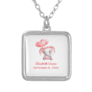 Personalize Baby Girl Pink Elephant Balloon Silver Plated Necklace