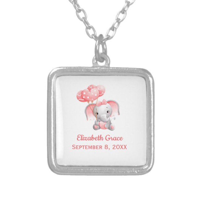 Personalize Baby Girl Pink Elephant Balloon  Silver Plated Necklace (Front)