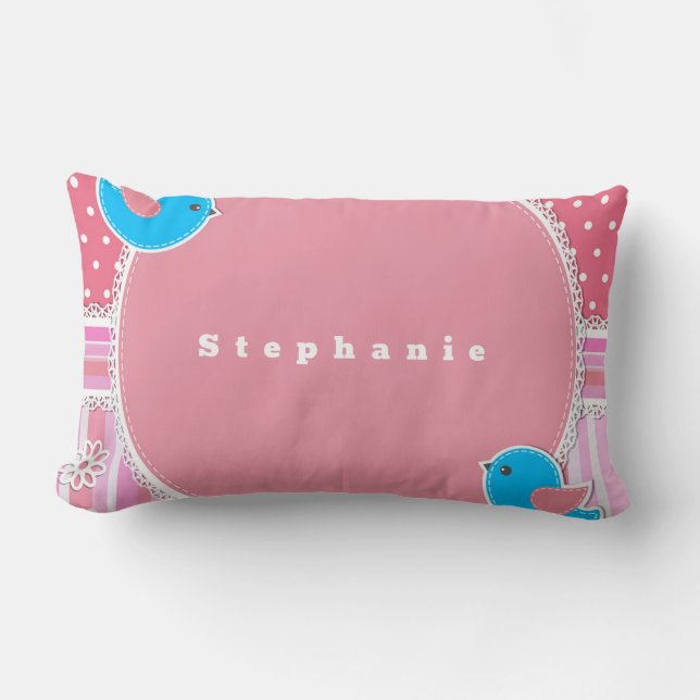 Personalize Baby Girl Pink Plaid Bird Polka Dot    Lumbar Pillow (Front)