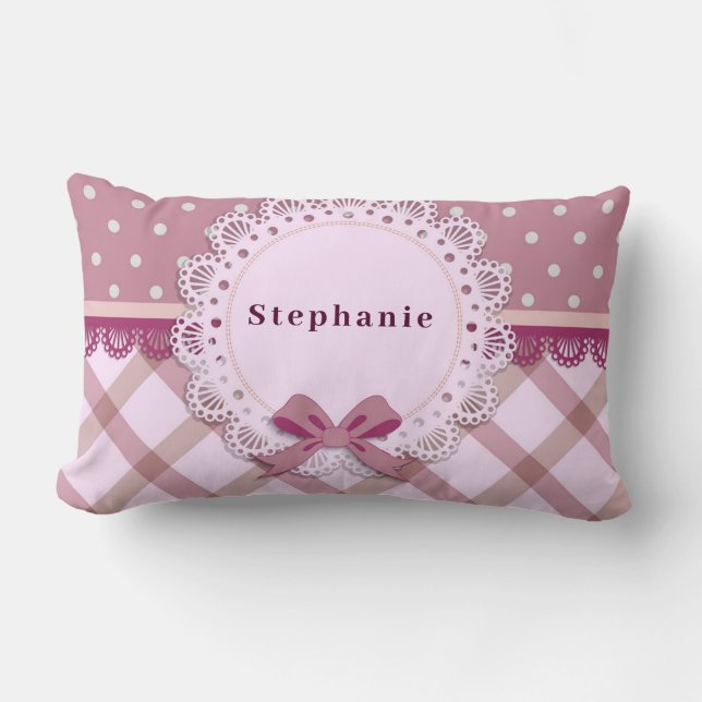 Personalize Baby Girl Pink Plaid Polka Dot  Lumbar Pillow (Front)