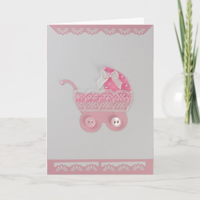 Personalize Baby girl Pink Stroller with lace Card (Front)