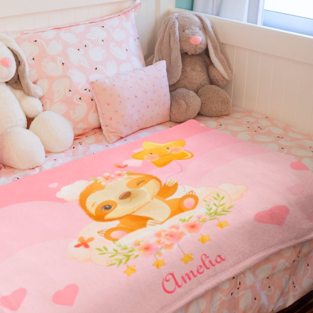 Personalize Baby Girl Sloth On Clouds Gold Stars Blanket (Creator Uploaded)