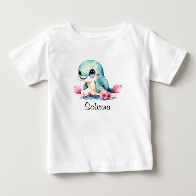 Personalize Baby Kids Child Dolphin Watercolor T-Shirt (Front)