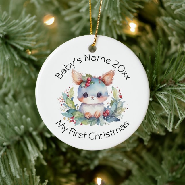 Personalize Baby’s First Christmas Name and Year Ceramic Ornament (Tree)