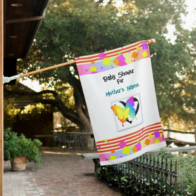Personalize Baby Shower Mom's Name White Rainbow  House Flag (In SItu)