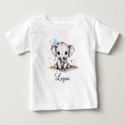 Personalize Babys Kids Child Elephant Watercolor Baby T_Shirt