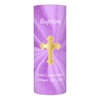 Personalize Baptism on Purple Satin & Tiny Crosses Flameless Candle