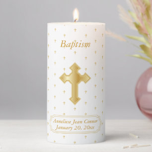 Personalize Baptism on White Satin & Tiny Crosses  Pillar Candle