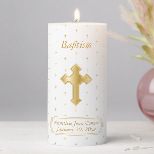 Personalize Baptism on White Satin  Tiny Crosses  Pillar Candle