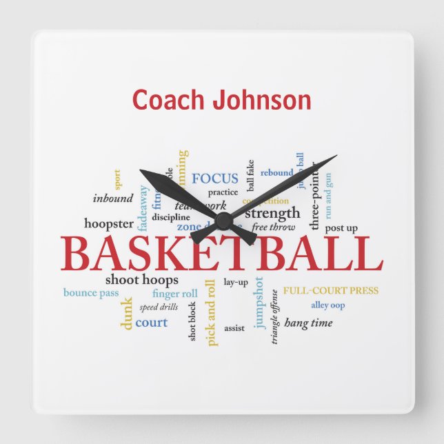 Personalize Basketball Coach Thank You in Words Square Wall Clock (Front)