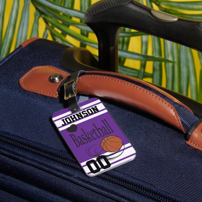 Personalize Basketball Dark Purple and White Luggage Tag (Front Insitu 1)