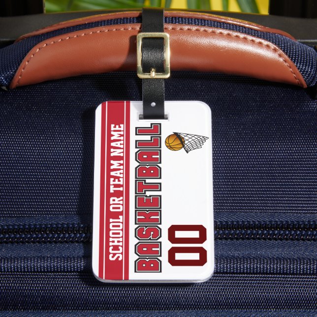 Personalize Basketball Dark Red and White Luggage Tag (Front Insitu 2)