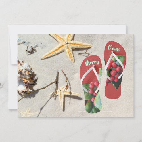 Personalize beach Christmas  holly and star fish Holiday Card