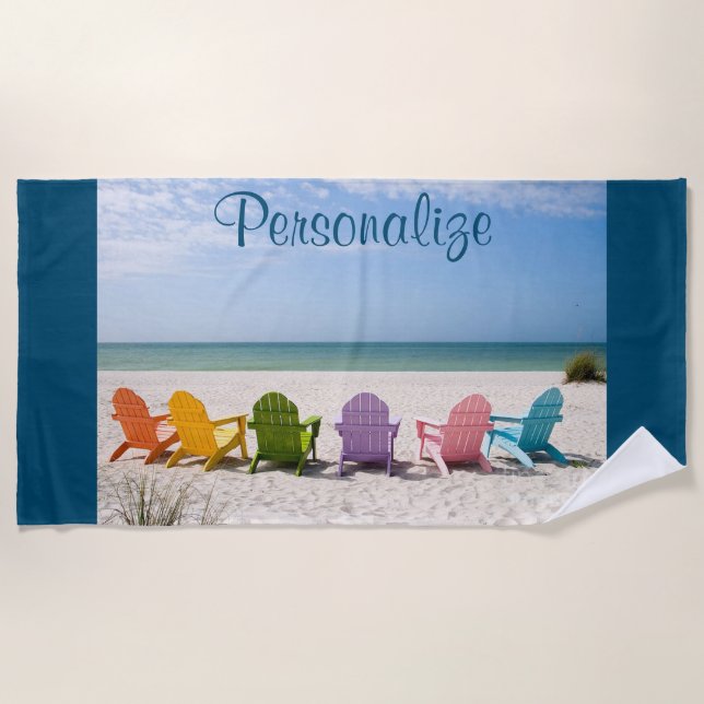 Personalize Beach with Colorful Beach Chairs Beach Towel (Front)