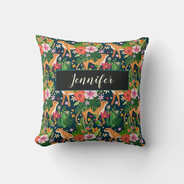 Personalize Beautiful Rainforest Bird Tiger Flower Throw Pillow (Front)